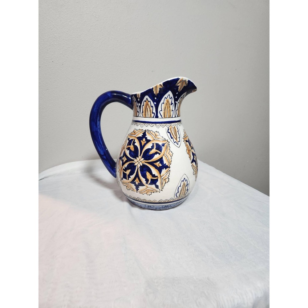 I. Godinger & Co. Ceramic Pitcher Blue Yellow Mediterranean Floral Vase 9.5in